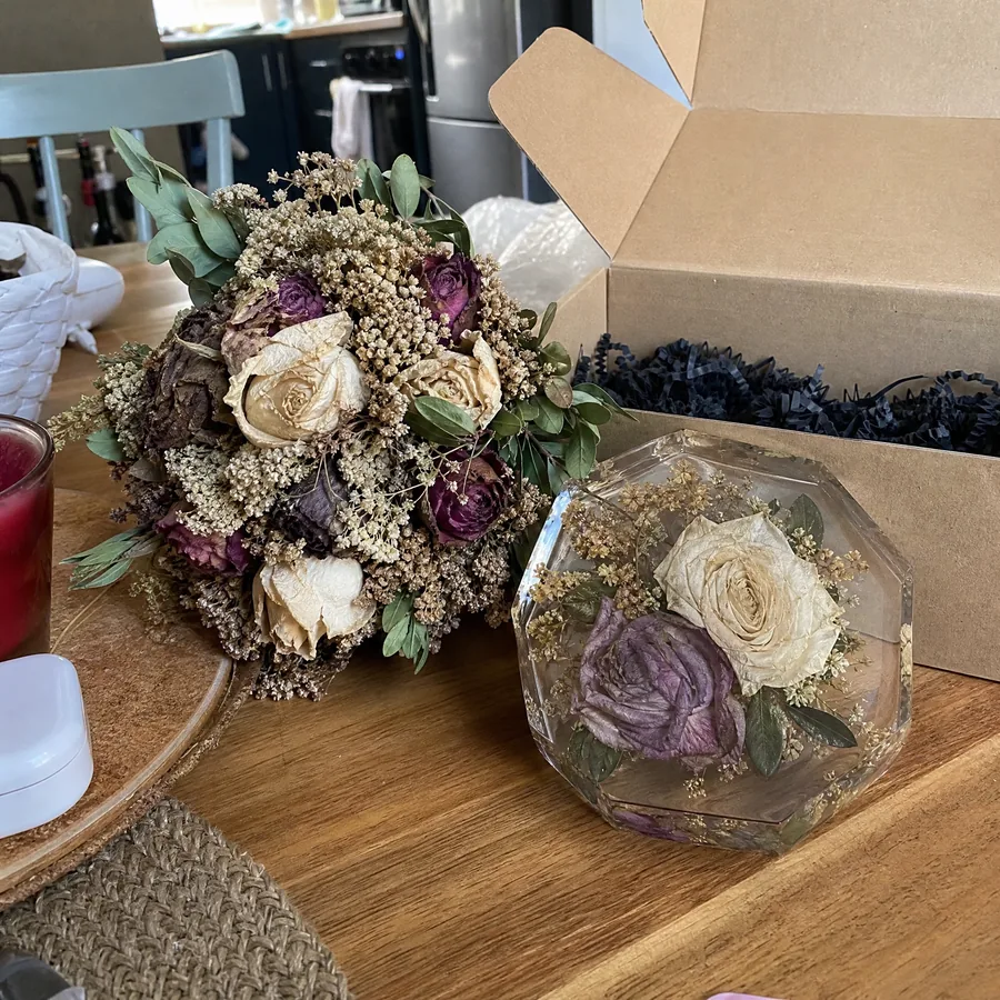 Preserved wedding flowers in resin