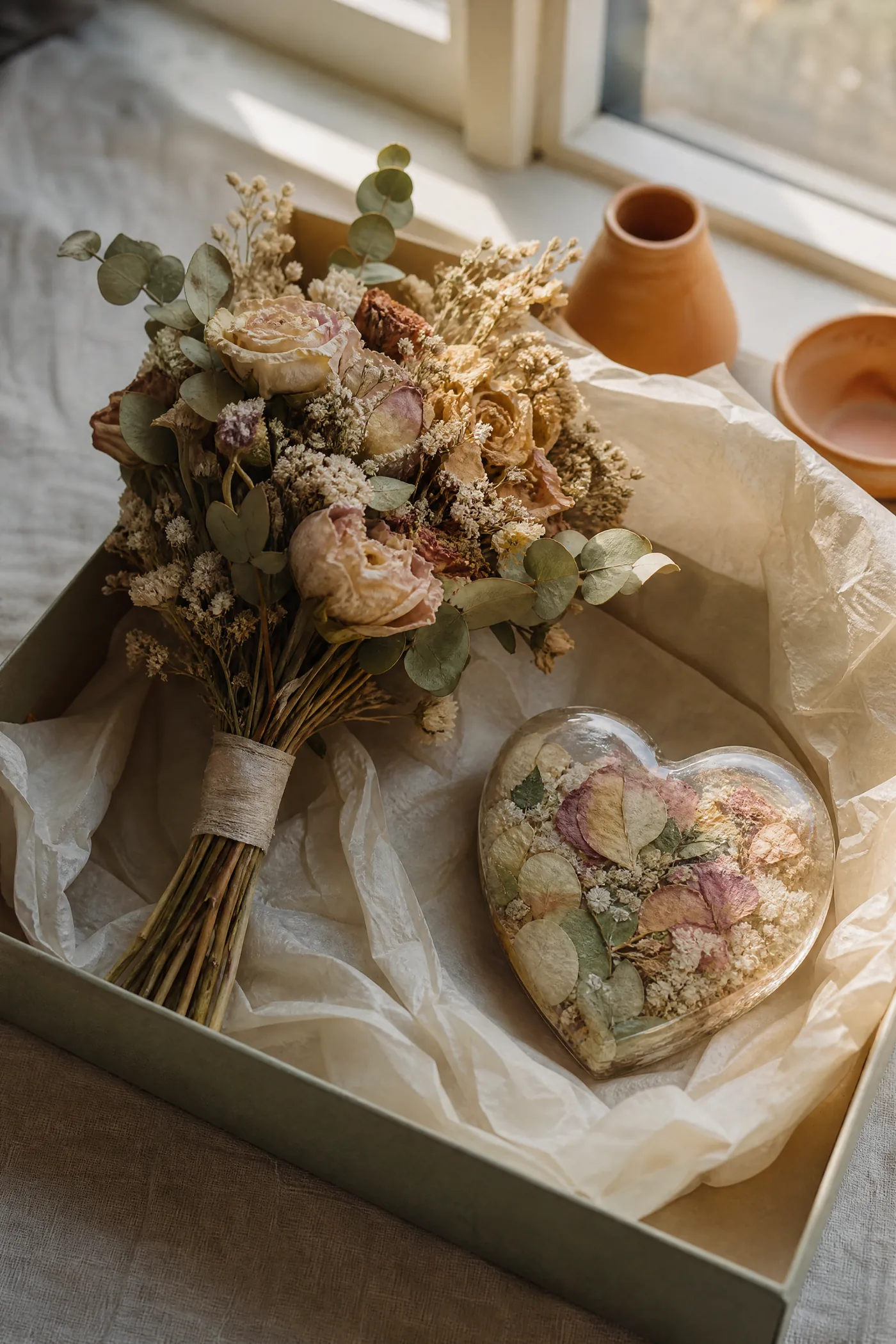 Dried wedding flowers beside a finished resin keepsake