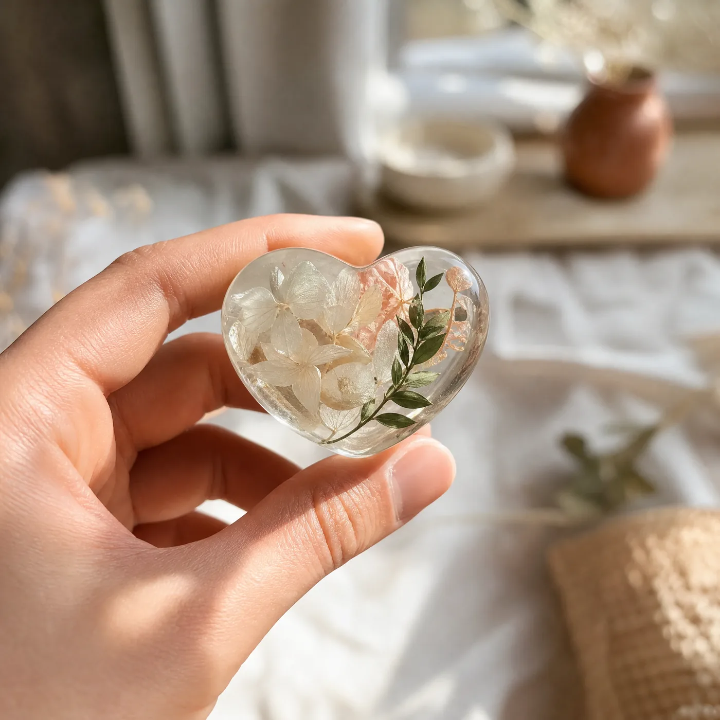 Pocket resin heart with preserved flowers