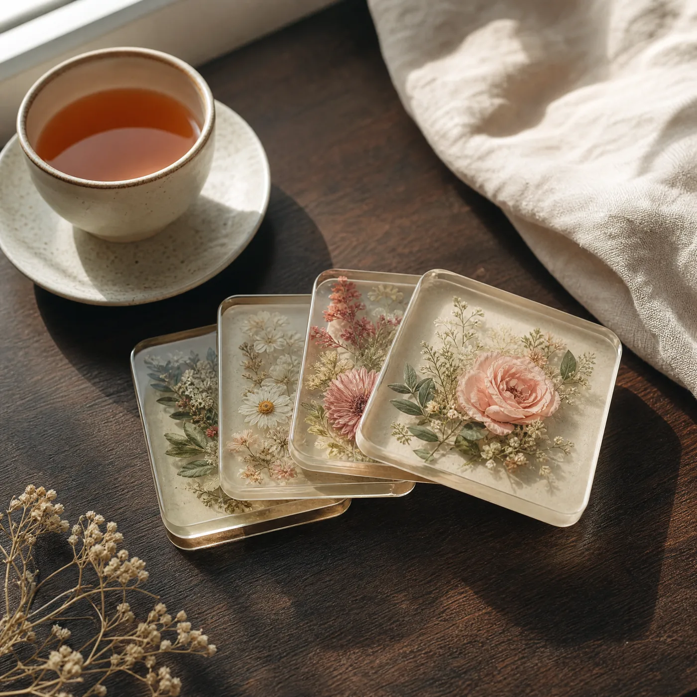 Set of resin coasters with wedding flowers
